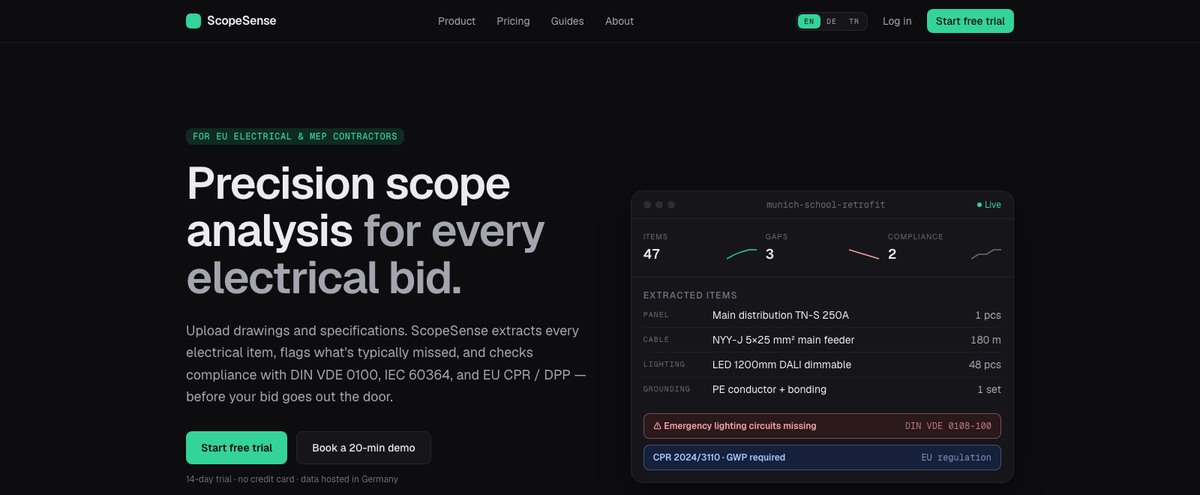 ScopeSense product page showing live scope analysis with extracted items, gaps and compliance flags
